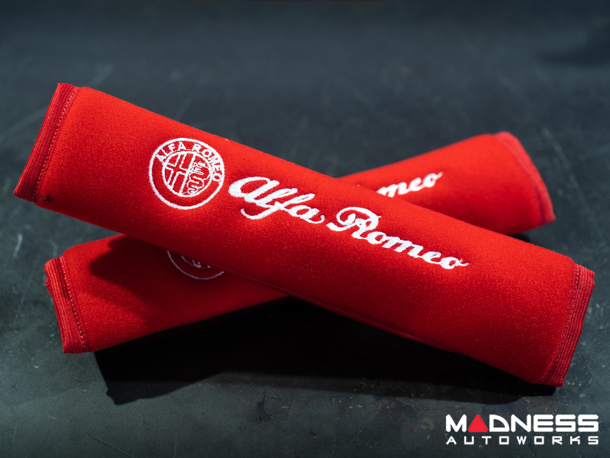 Alfa Romeo Seat Belt Shoulder Pads - set of 2 - Red w/ White Alfa Romeo Logo + Red Binding